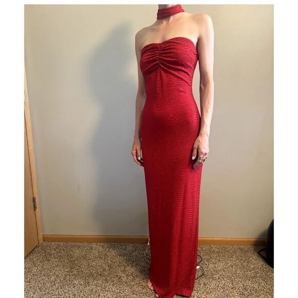 Gunne Sax X Jessica McClintock Red Sparkle Floating neck Dress Vintage - Picture 1 of 9